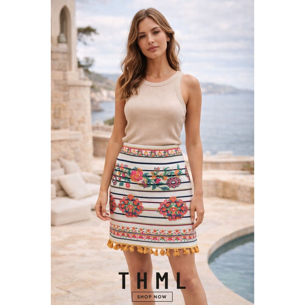 THML Embroidered Floral Skirt 100% Cotton Tassel Hem Midi Size S Multicolor